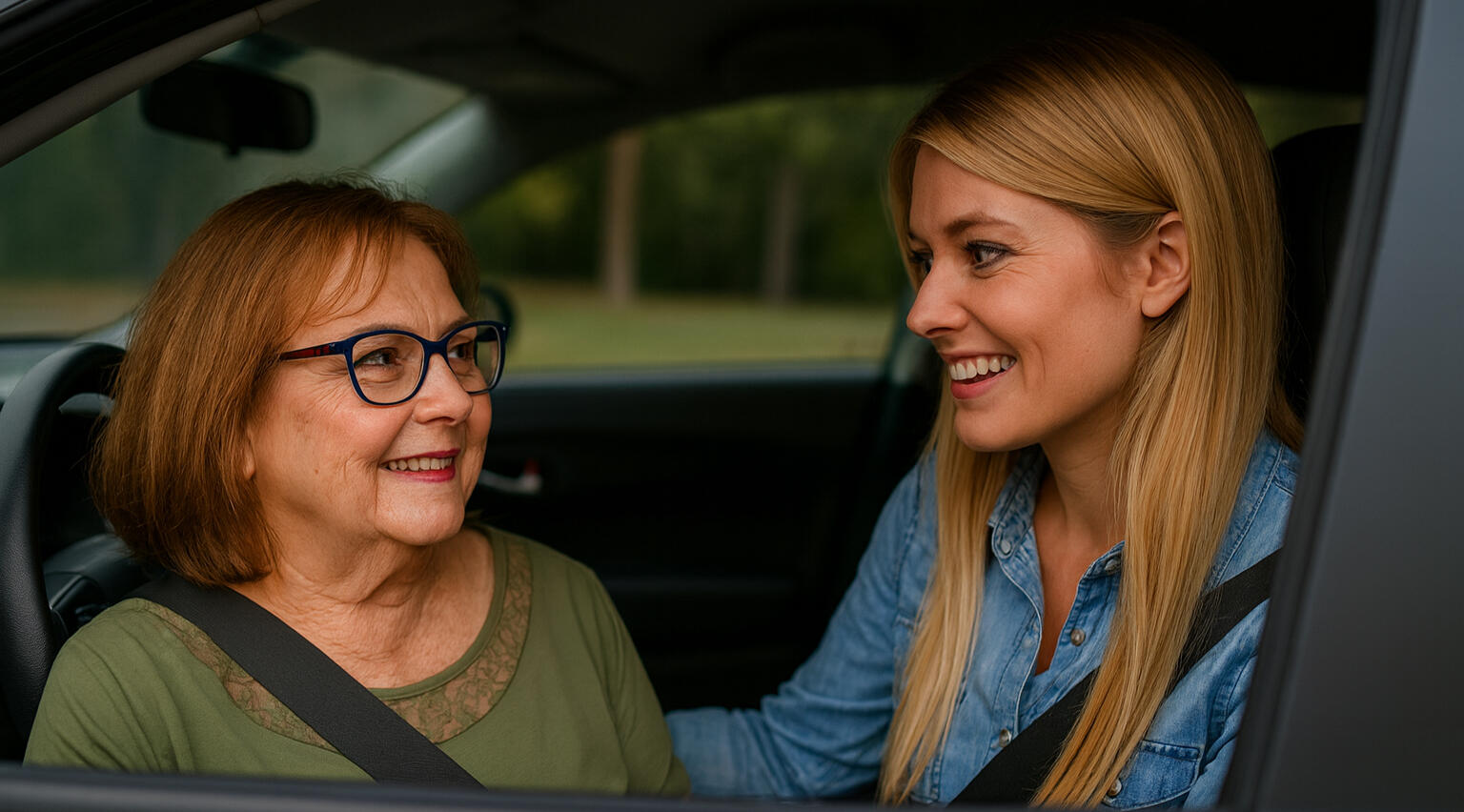 “Younger woman gently comforting an older woman living in her car, symbolizing peer-led support and connection for unhoused women over 50.”